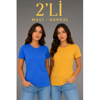 Biçomi Basic Bisiklet Yaka Yazlık Slim Fit T-Shirt - Mavi - Hardal Sarısı