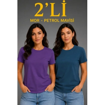 Biçomi Basic Bisiklet Yaka Yazlık Slim Fit T-Shirt - Mor - Petrol Mavisi
