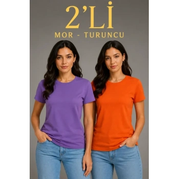 Biçomi Basic Bisiklet Yaka Yazlık Slim Fit T-Shirt - Mor  - Turuncu