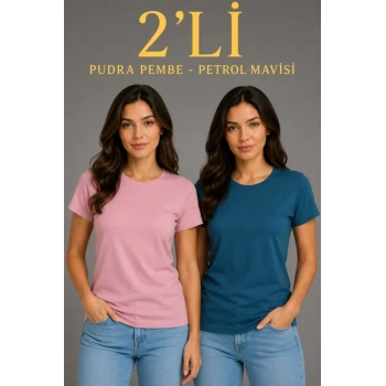 Biçomi Basic Bisiklet Yaka Yazlık Slim Fit T-Shirt - Pudra Pembe - Petrol Mavi