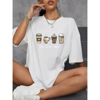 Biçomi Baskılı Oversize Bisiklet Yaka T-shirt - Beyaz