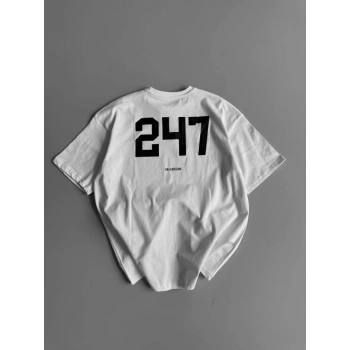 Biçomi Baskılı Oversize Bisiklet Yaka T-shirt - Beyaz