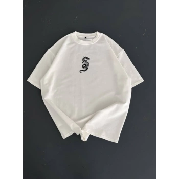 Biçomi Baskılı Oversize Bisiklet Yaka T-shirt - Beyaz