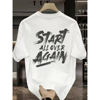 Biçomi Baskılı Oversize Bisiklet Yaka T-shirt - Beyaz