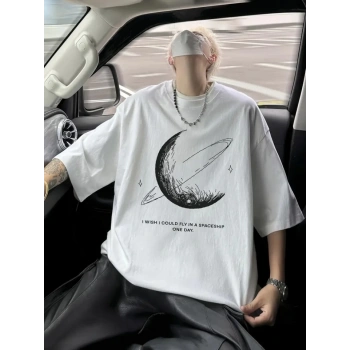 Biçomi Baskılı Oversize Bisiklet Yaka T-shirt - Beyaz