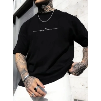 Biçomi Baskılı Oversize Bisiklet Yaka T-shirt - Siyah