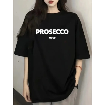 Biçomi Baskılı Oversize Bisiklet Yaka T-shirt - Siyah