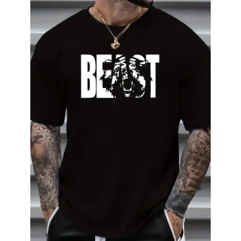Biçomi Baskılı Oversize Bisiklet Yaka T-shirt - Siyah