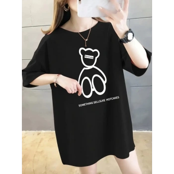 Biçomi Baskılı Oversize Bisiklet Yaka T-shirt - Siyah