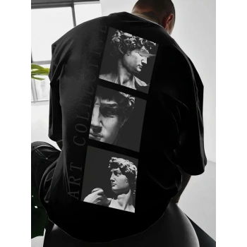 Biçomi Baskılı Oversize Bisiklet Yaka T-shirt - Siyah