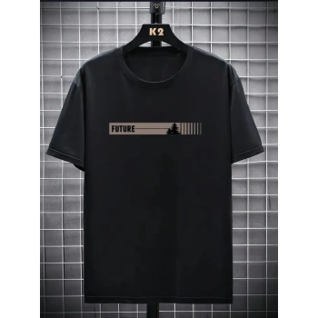 Biçomi Baskılı Oversize Bisiklet Yaka T-shirt - Siyah