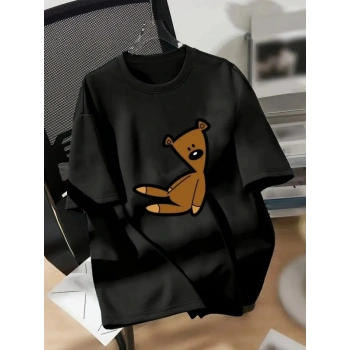 Biçomi Baskılı Oversize Bisiklet Yaka T-shirt - Siyah