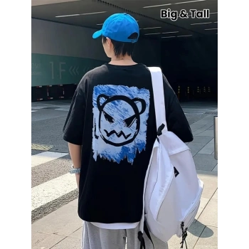 Biçomi Baskılı Oversize Bisiklet Yaka T-shirt - Siyah