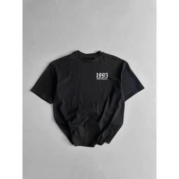Biçomi Baskılı Oversize Bisiklet Yaka T-shirt - Siyah