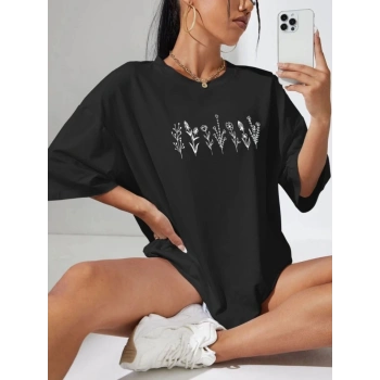 Biçomi Baskılı Oversize T-shirt - Siyah