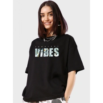 Biçomi Baskılı Oversize T-shirt - Siyah