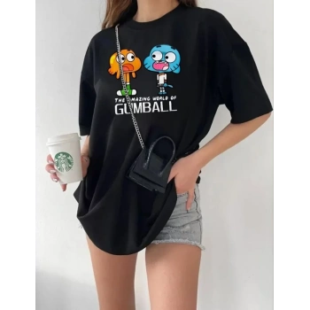 Biçomi Bisiklet Yaka Baskılı Oversize T-Shirt - Siyah