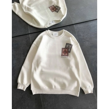 Biçomi Bisiklet Yaka Baskılı SweatShirt - Beyaz
