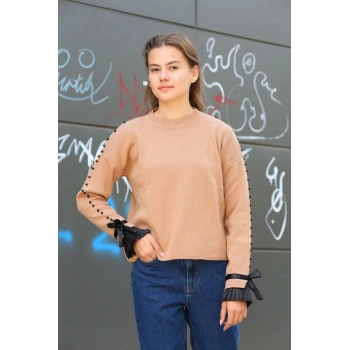 BİÇOMİ Boncuklu bile detaylı kazak vizon