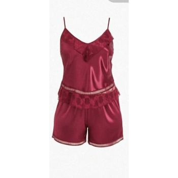 Bicomi Büyük Beden Bordo Saten Babydoll Şort Takımı