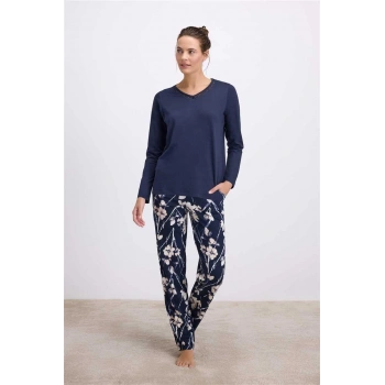Bicomi Çiçek Desenli Uzun Kollu T-Shirt ve Pantolon Pijama Takımı