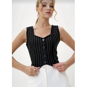 BİÇOMİ Çizgili krep düğmeli yelek siyah s3395