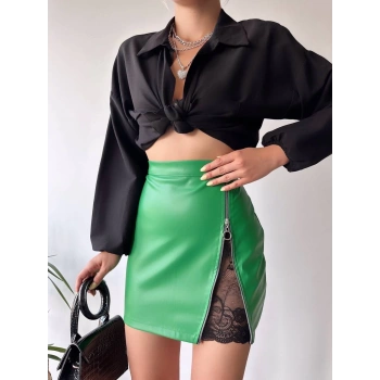 BİÇOMİ Dantelli fermuarlı deri etek yeşil w24598