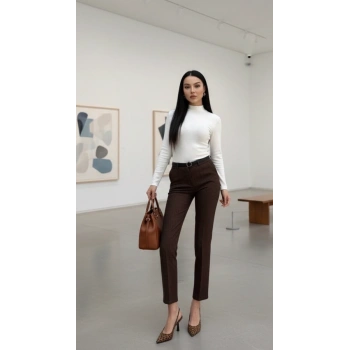 BİÇOMİ Dar paça kemerli kumaş pantolon kahve pt53