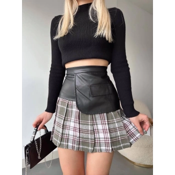 BİÇOMİ Deri garnili cepli ekose etek siyah s24604