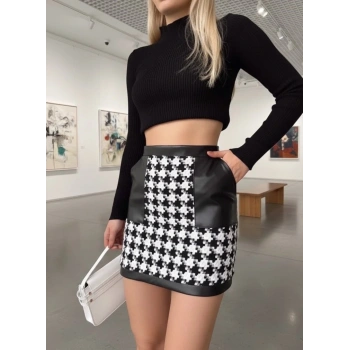 BİÇOMİ Deri garnili kaz ayağı kaşe etek siyah h24604