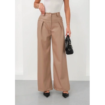 BİÇOMİ Deri geniş paça beli lastikli pantolon bej h263644