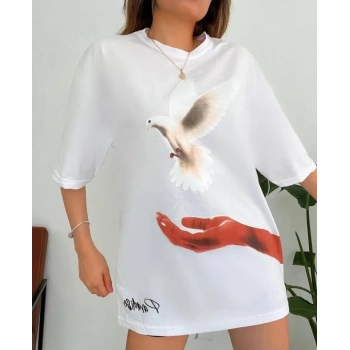 Biçomi Dijital Baskılı T-Shirt - Beyaz