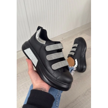 BİÇOMİ Elika Siyah Cilt Simli Cırt Cırtlı Spor Ayakkabı