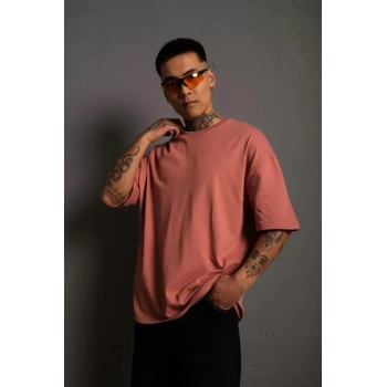 Biçomi Erkek 24/1 Düz A Kalite Oversize T-shirt - Gül Kurusu