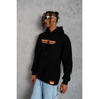 Biçomi Erkek Armalı Baskılı Kapüşonlu Sweatshirt - Siyah