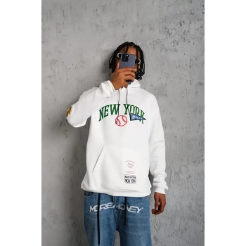 Biçomi Erkek Baskılı Kapüşonlu Sweatshirt - Beyaz