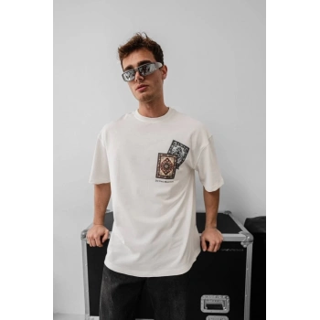 Biçomi Erkek Baskılı Oversize T-shirt - Beyaz