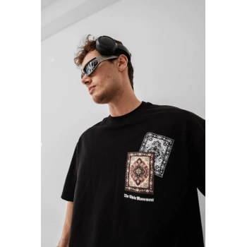 Biçomi Erkek Baskılı Oversize T-shirt - Siyah