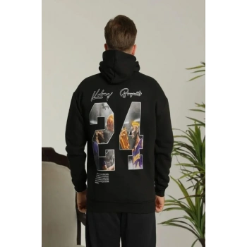 Biçomi Erkek Baskılı Oversize Üç İplik Kapüşonlu Sweatshirt - Siyah