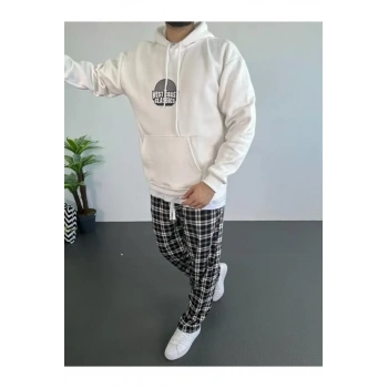 Biçomi Erkek Baskılı Üç İplik Kapüşonlu Oversize Sweatshirt - Beyaz