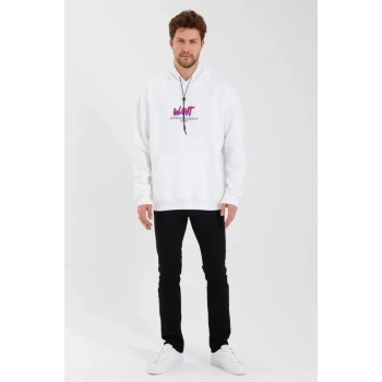 Biçomi Erkek Baskılı Üç İplik Kapüşonlu Oversize Sweatshirt - Beyaz