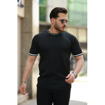 Biçomi Erkek Bisiklet Yaka çizgi Desenli Ribanalı Kısa Kollu Tshirt