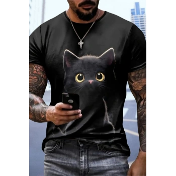 Biçomi Erkek Bisiklet Yaka Kedi Baskılı Süprem T-shirt