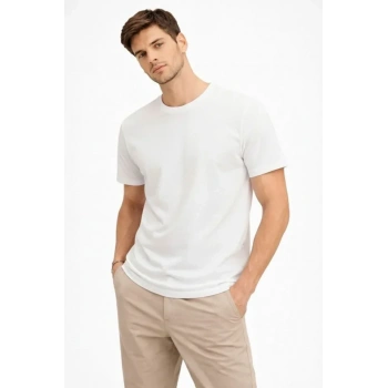 Biçomi Erkek Bisiklet Yaka Tişört Regular Kalıp Basic Pamuklu Günlük Kullanım T-shirt - Beyaz
