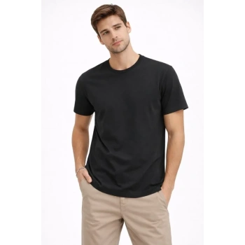 Biçomi Erkek Bisiklet Yaka Tişört Regular Kalıp Basic Pamuklu Günlük Kullanım T-shirt - Siyah