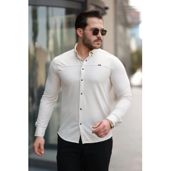Biçomi Erkek çıtçıt Düğmeli Dikiş Detaylı Uzun Kollu Gömlek