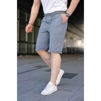 Biçomi Erkek Diagonel Kumaş Duble Paça Cepli Bağcıklı Bel Lastikli ŞORT - Gri