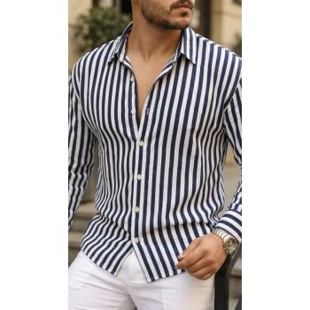 Biçomi Erkek Dikey Çizgili Yarım Oversize Gömlek