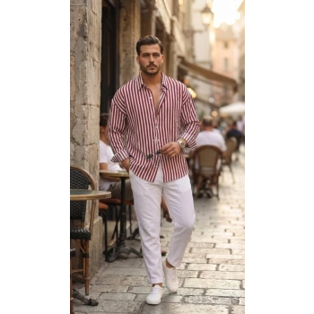 Biçomi Erkek Dikey Çizgili Yarım Oversize Gömlek