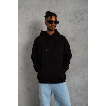 Biçomi Erkek Düz Kapüşonlu Sweat - Siyah